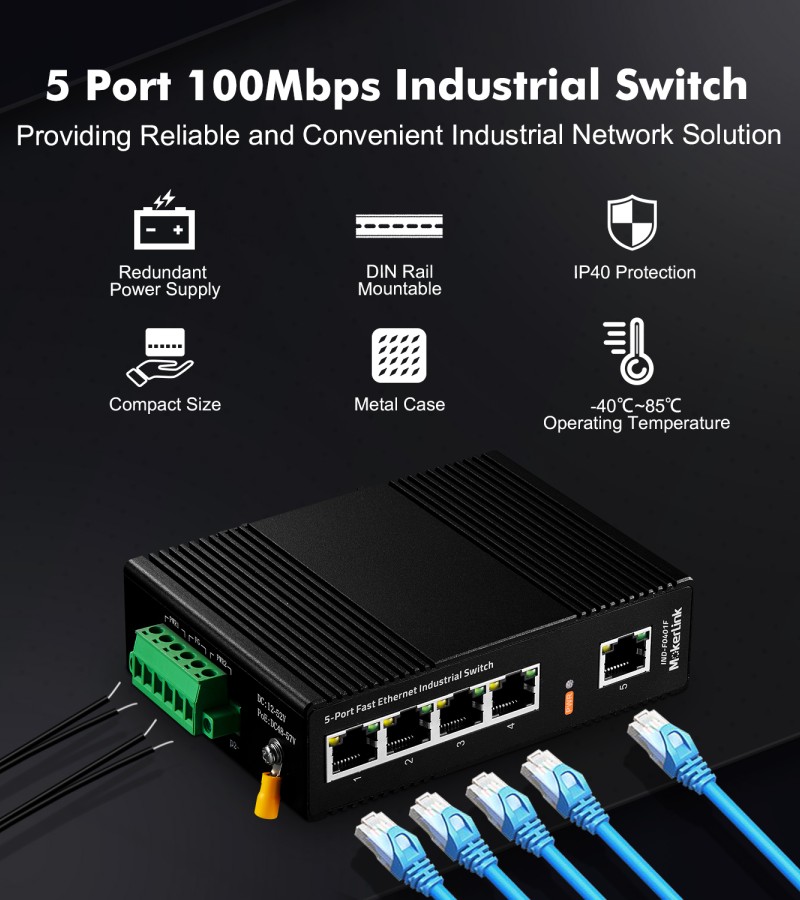 MokerLink 5 Port 100Mbps Industrial DIN-Rail Ethernet Switch