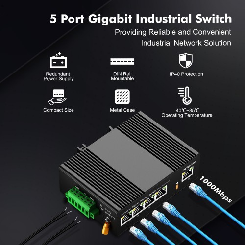 MokerLink 5 Port PoE 100Mbps Industrial DIN-Rail Ethernet Switch