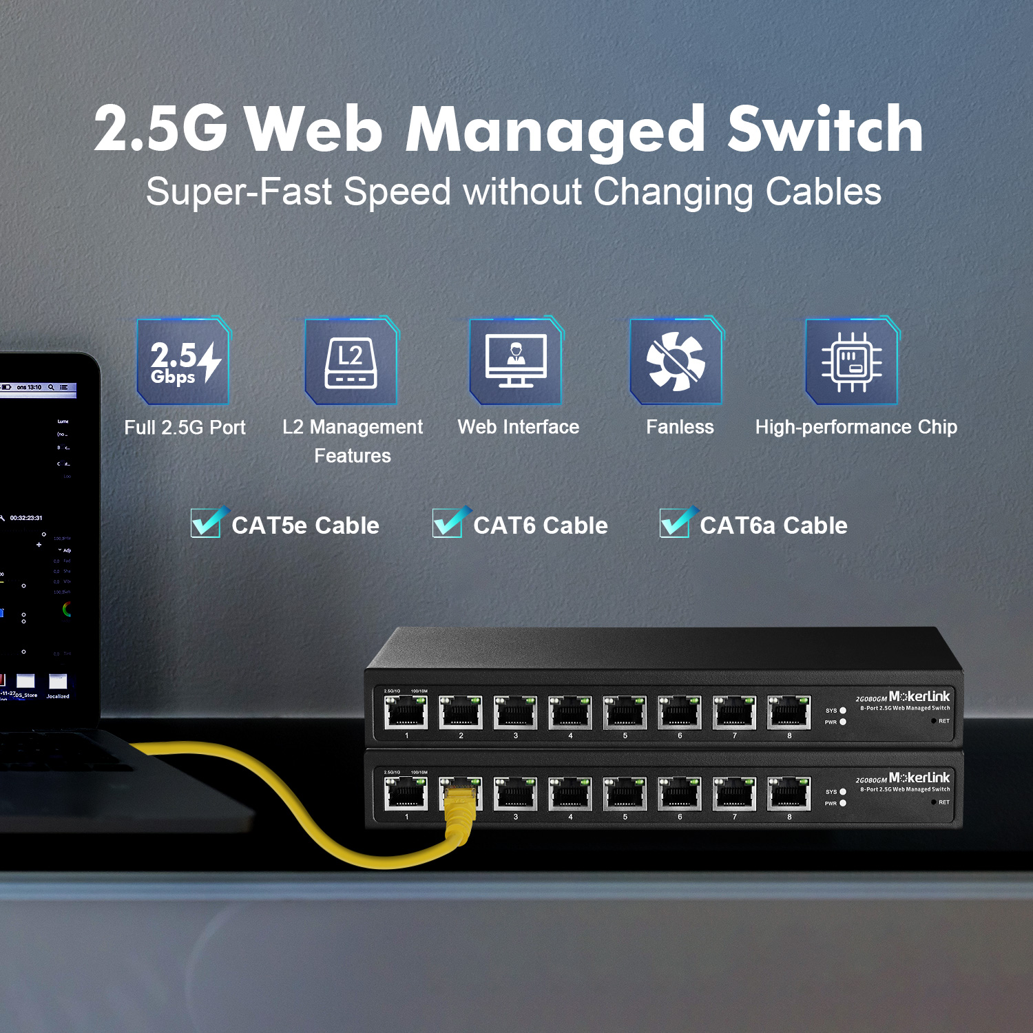 S2805S-8TF, 8-Port Gigabit Ethernet L2 Smart Managed Switch, 8 x Gigabit  RJ45, with 2 x 1Gb SFP Uplinks, Fanless 