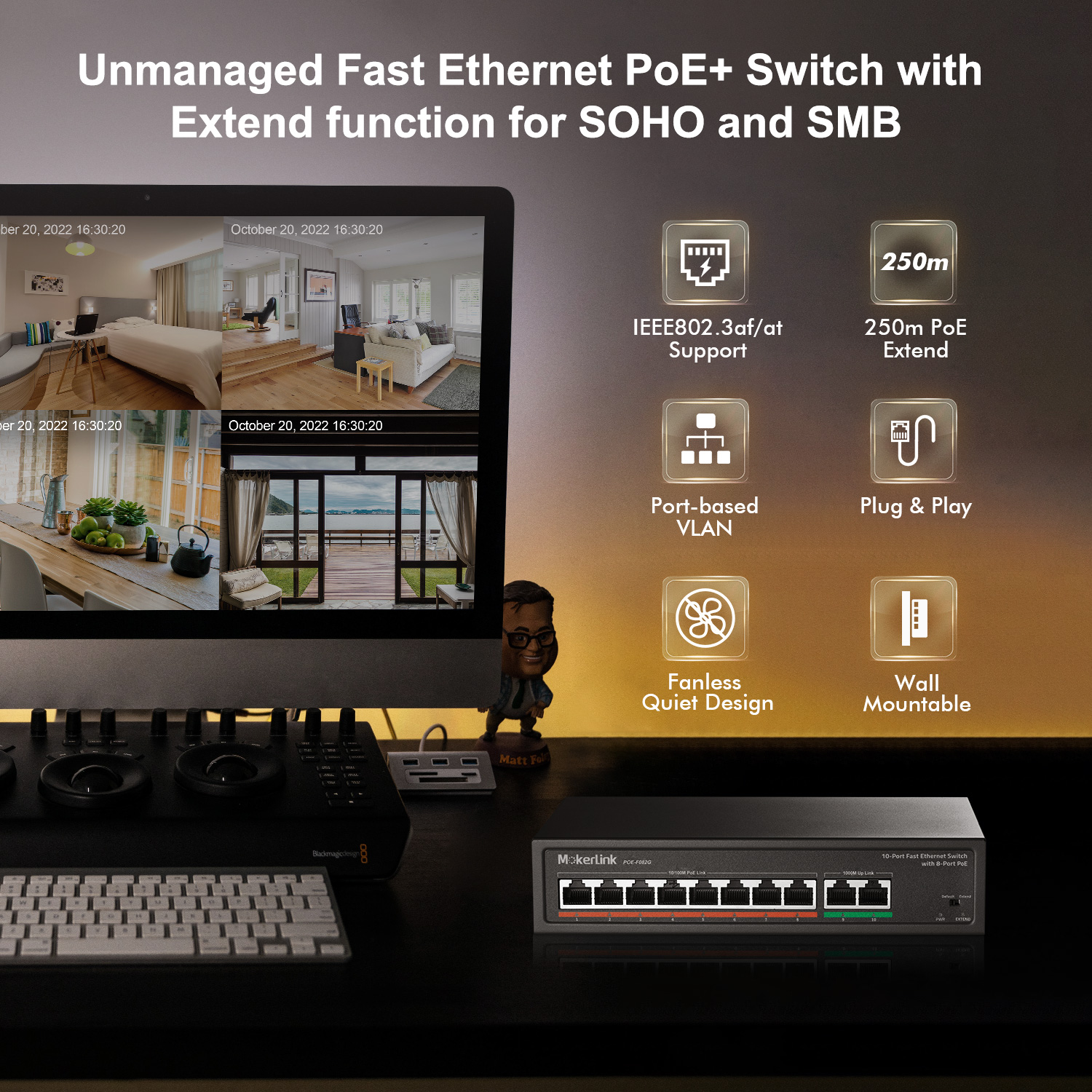 YuLinca PoE Switch, 10 Port Poe Switch (8 Port 100M PoE+ | 2 Gigabit  Uplink), 802.3af/at PoE, Fanless Metal Unmanaged Plug&Play Ethernet Switch